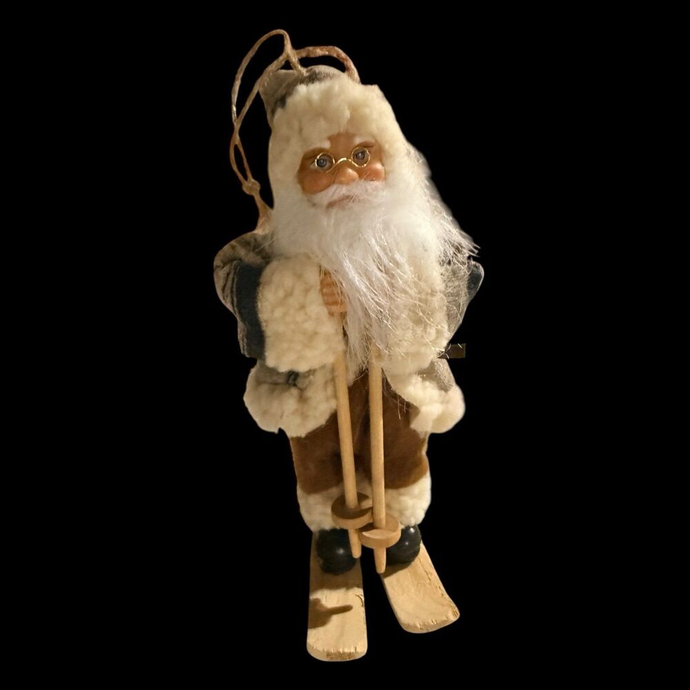 Vintage Rustic Skiing Santa Ornament Lodge Cabin Christmas Decor 8” Woodsycore